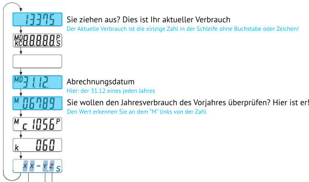 Sie ziehen aus? Dies ist Ihr aktueller Verbrauch Der Aktuelle Verbrauch ist die einzige Zahl in der Schleife ohne Buchstabe oder Zeichen! Abrechnungsdatum Hier: der 31.12 eines jeden Jahres  Sie wollen den Jahresverbrauch des Vorjahres überprüfen? Hier ist er! Den Wert erkennen Sie an dem “M” links von der Zahl